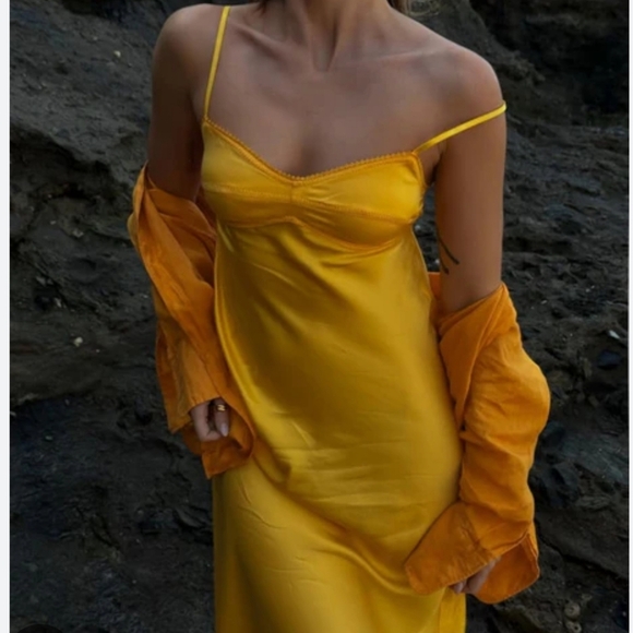 Rumored Monroe Midi Elegant Yellow Spaghetti Strap Dress - Picture 1 of 9